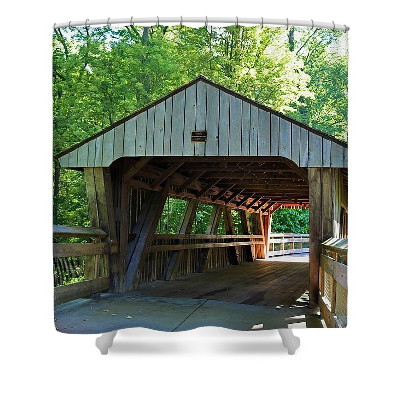 Wood Shower Curtain featuring the photograph The Covered Bridge at Wildwood by Michiale Schneider
