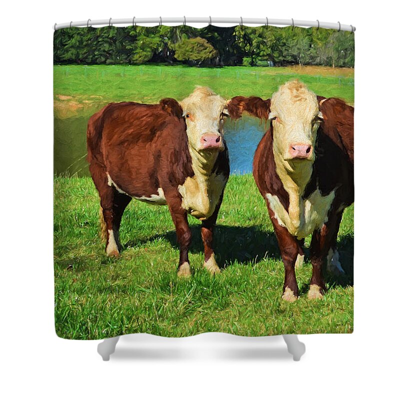 Hereford Shower Curtain featuring the photograph The Cow Girls by Sandi OReilly