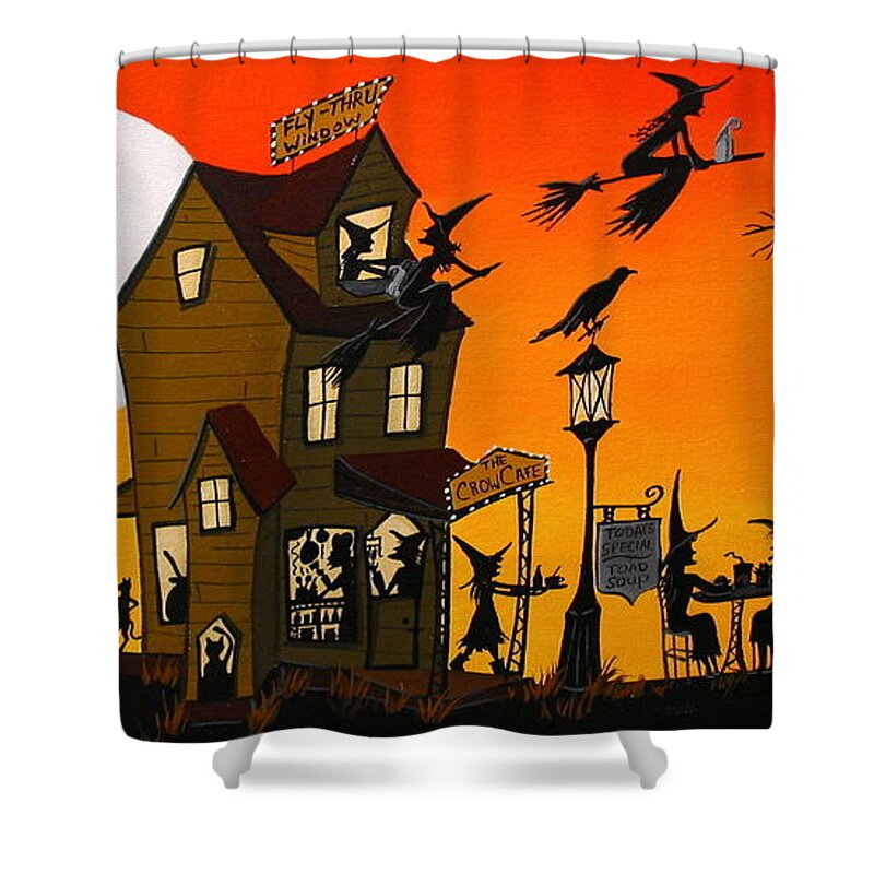 Art Shower Curtain featuring the painting The Crow Cafe - Halloween witch cat folk art by Debbie Criswell