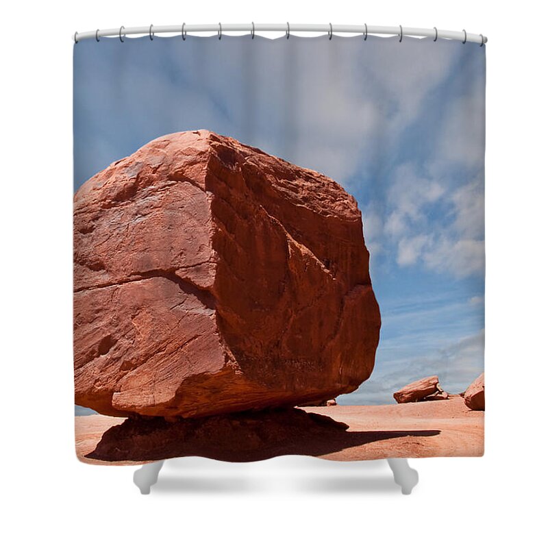 Arid Climate Shower Curtain featuring the photograph The Cube at Monument Valley by Jeff Goulden