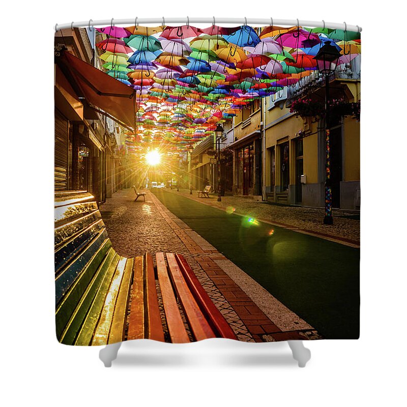 Floating Umbrellas Shower Curtain featuring the photograph The Dawn Of A Colorful Day by Marco Oliveira