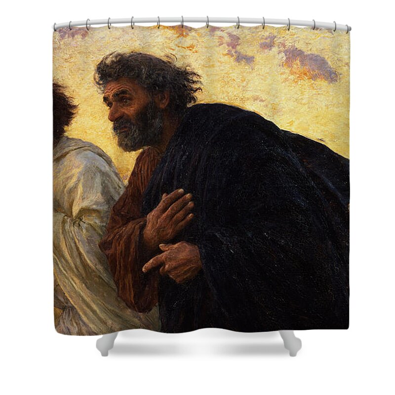 The Shower Curtain featuring the painting The Disciples Peter and John Running to the Sepulchre on the Morning of the Resurrection by Eugene Burnand