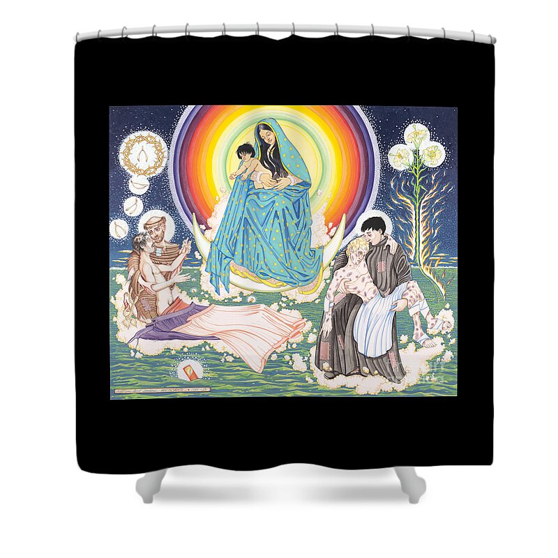 Mary Shower Curtain featuring the painting The Epiphany Wisemen Bring Gifts to the Child by William Hart McNichols
