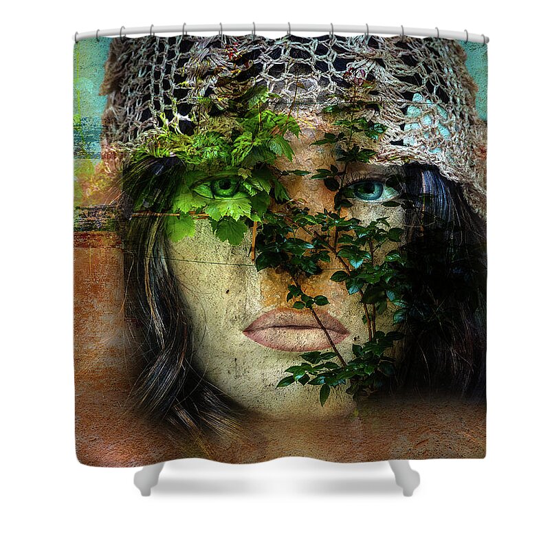 Face Shower Curtain featuring the digital art The face with the green leaves by Gabi Hampe
