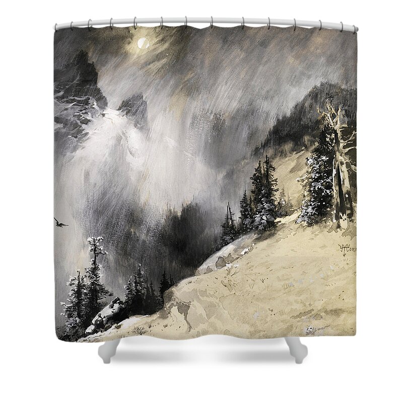 Thomas Moran Shower Curtain featuring the painting The falling flakes mountain scene. Yosemite a mountain snowfall by Thomas Moran