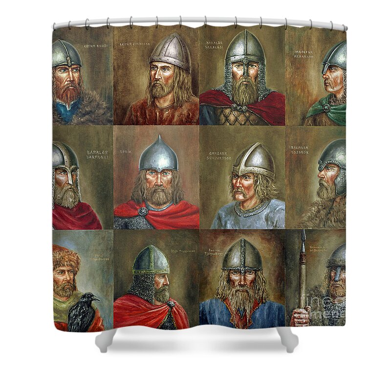 Viking Shower Curtain featuring the painting The Famous Vikings by Arturas Slapsys