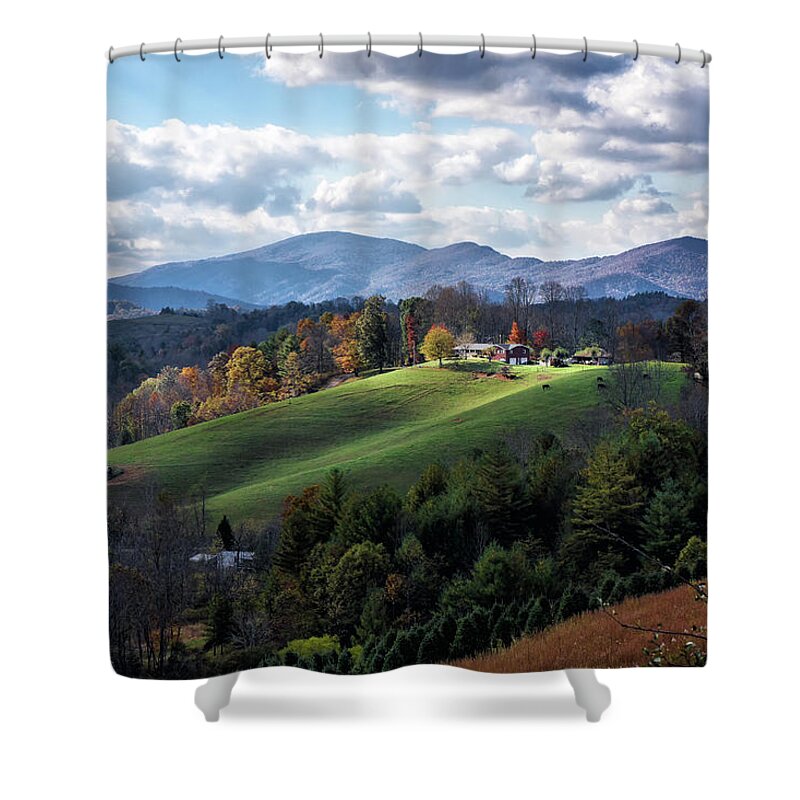 Farm In The Mountains Shower Curtain featuring the photograph The Farm On The Hill by Louise Lindsay