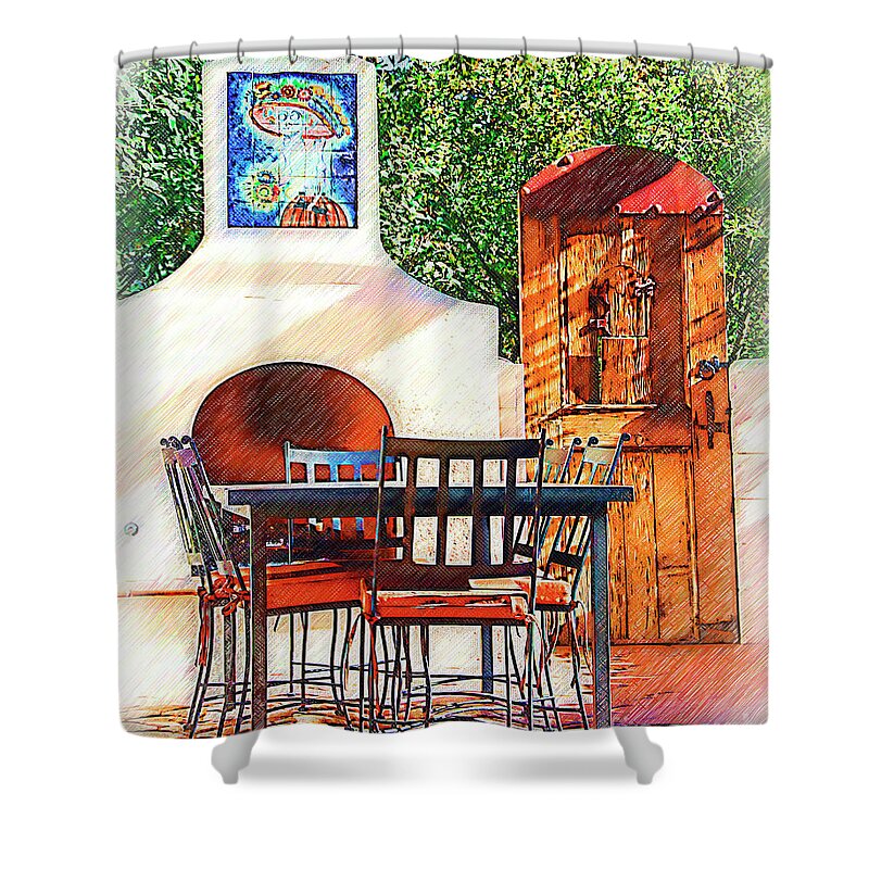 Outdoor Shower Curtain featuring the digital art The Fireplace, Table And Door by Kirt Tisdale