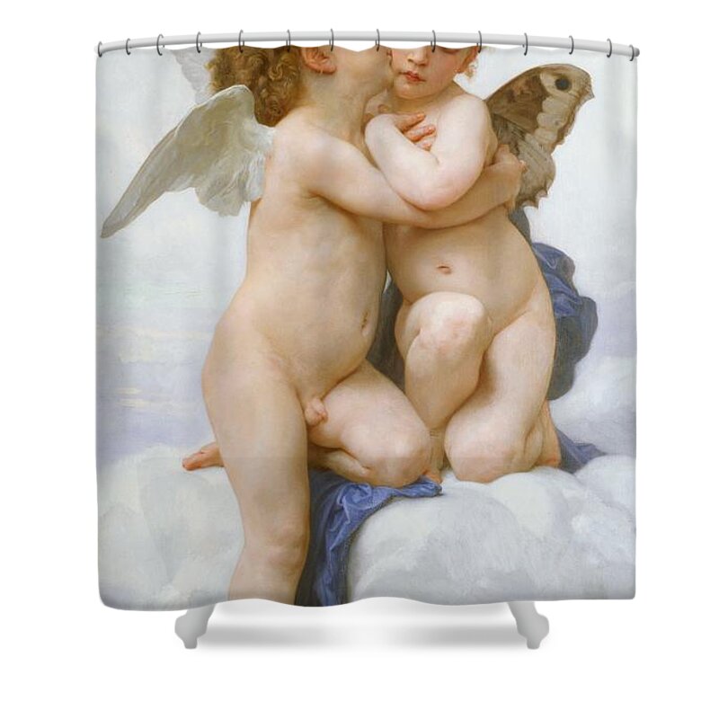 Cherubs Shower Curtain featuring the painting The First Kiss by William Adolphe Bouguereau