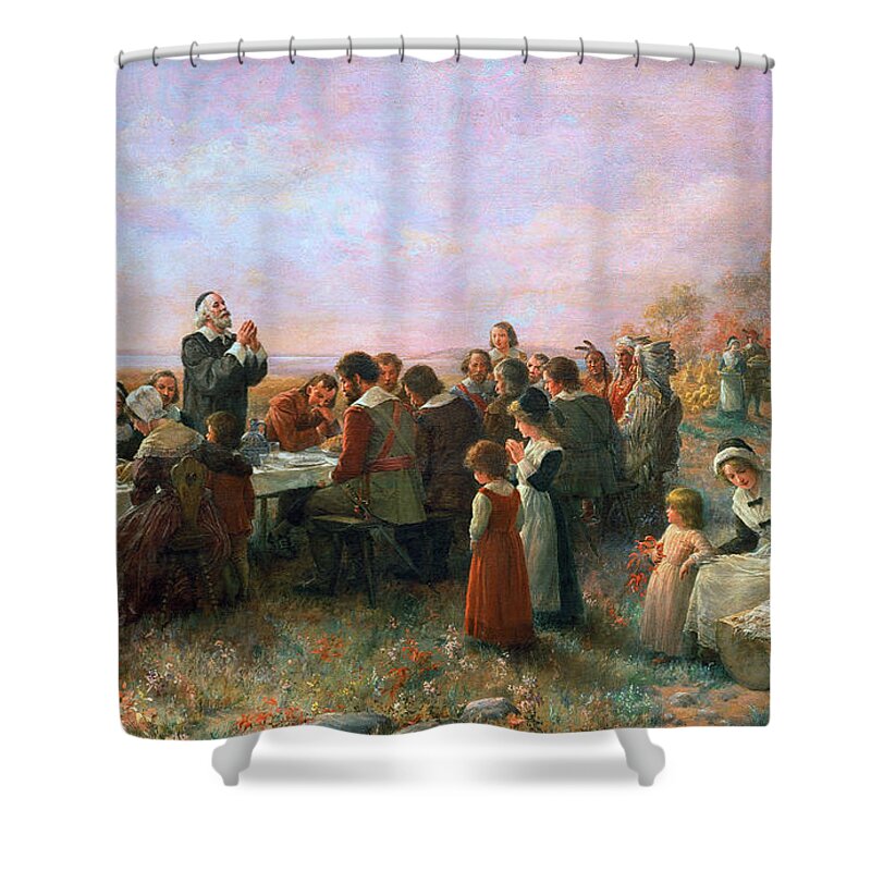 1621 Shower Curtain featuring the painting The First Thanksgiving by Granger
