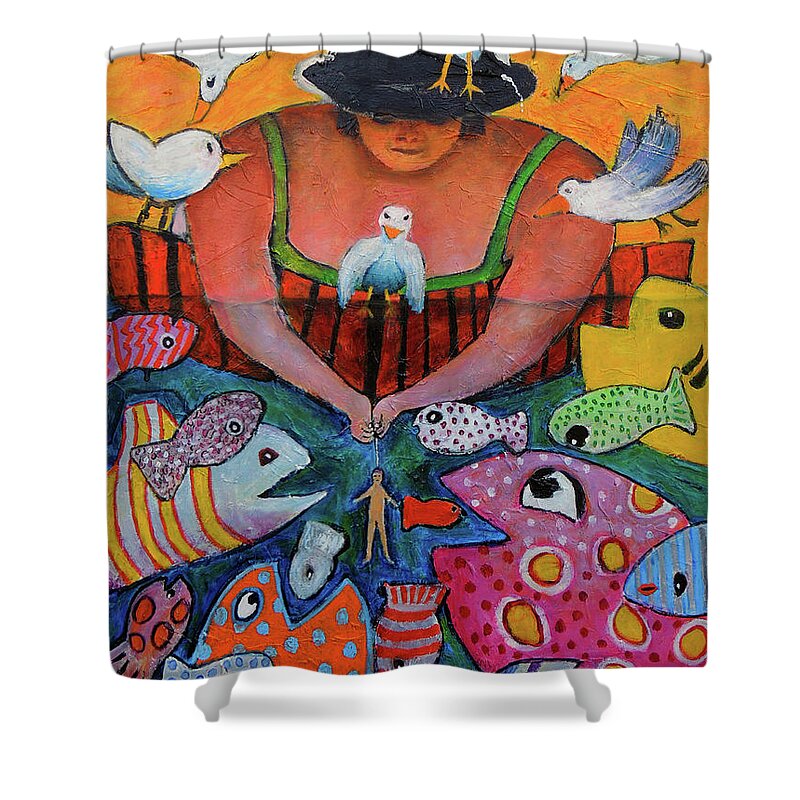 Animals Shower Curtain featuring the painting The Fisherman's Almanac by Jeremy Holton