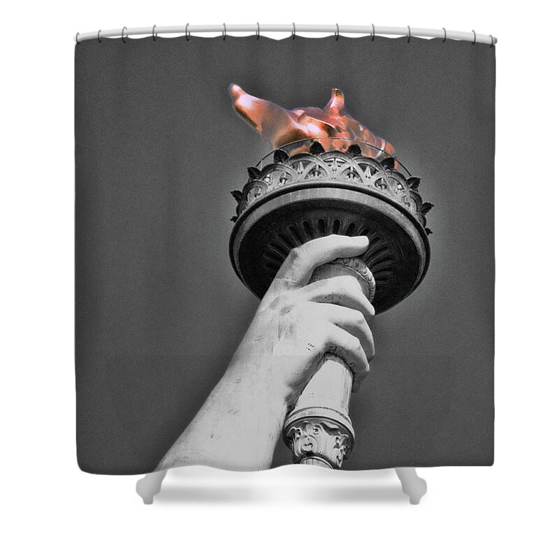 Statue Of Liberty Shower Curtain featuring the photograph The Flame of Liberty - B and W by Allen Beatty
