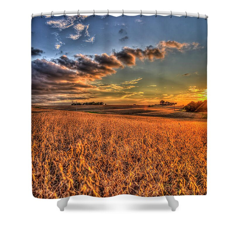 Reid Callaway Soybean Fields Sunset Shower Curtain featuring the photograph The Fleeting Sunset Missouri Soybean Farming Art by Reid Callaway
