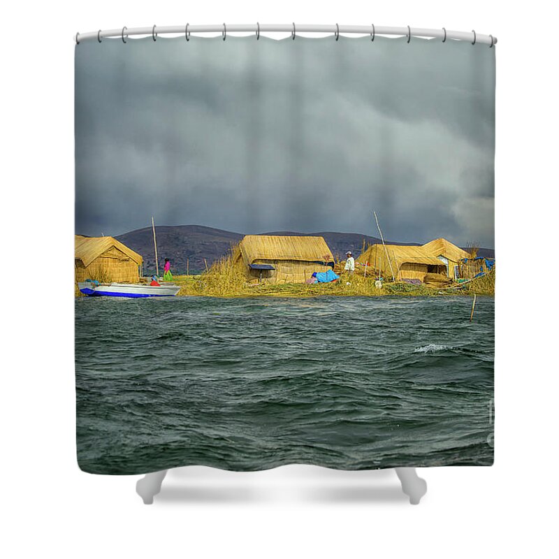 Titicaca Shower Curtain featuring the photograph The floating and tourist Islands of lake Titicaca Puno Peru Sout by Patricia Hofmeester