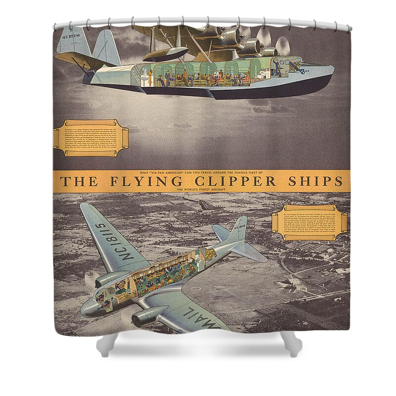 Pictorial Shower Curtain featuring the mixed media The Flying Clipper Ships - Pan American Airways - Vintage Travel Advertising Poster by Studio Grafiikka