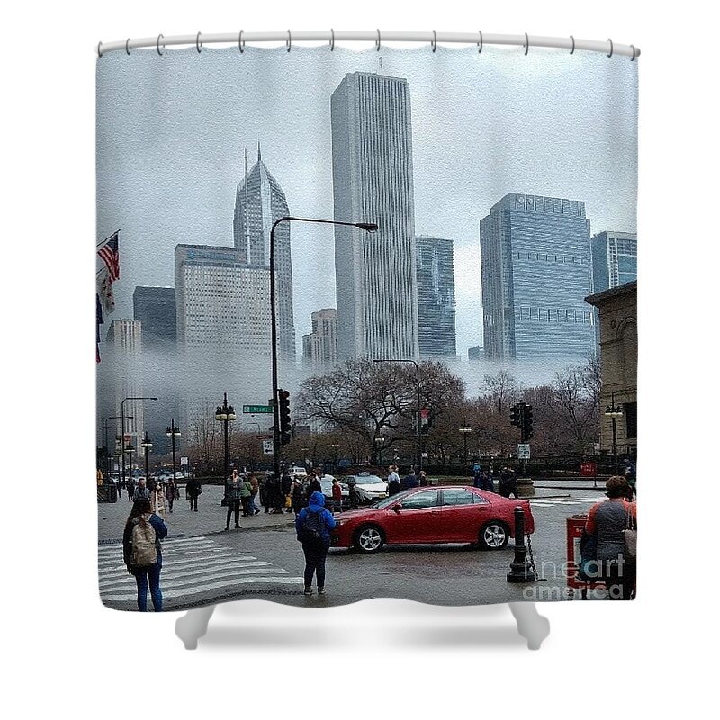 Cityscape Shower Curtain featuring the photograph The Fog Lifts on Michigan Avenue by Kathie Chicoine