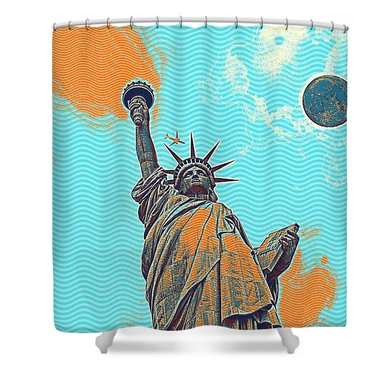 Statue Shower Curtain featuring the painting The Fool Blood Moon and The Lady Liberty 5 by Celestial Images