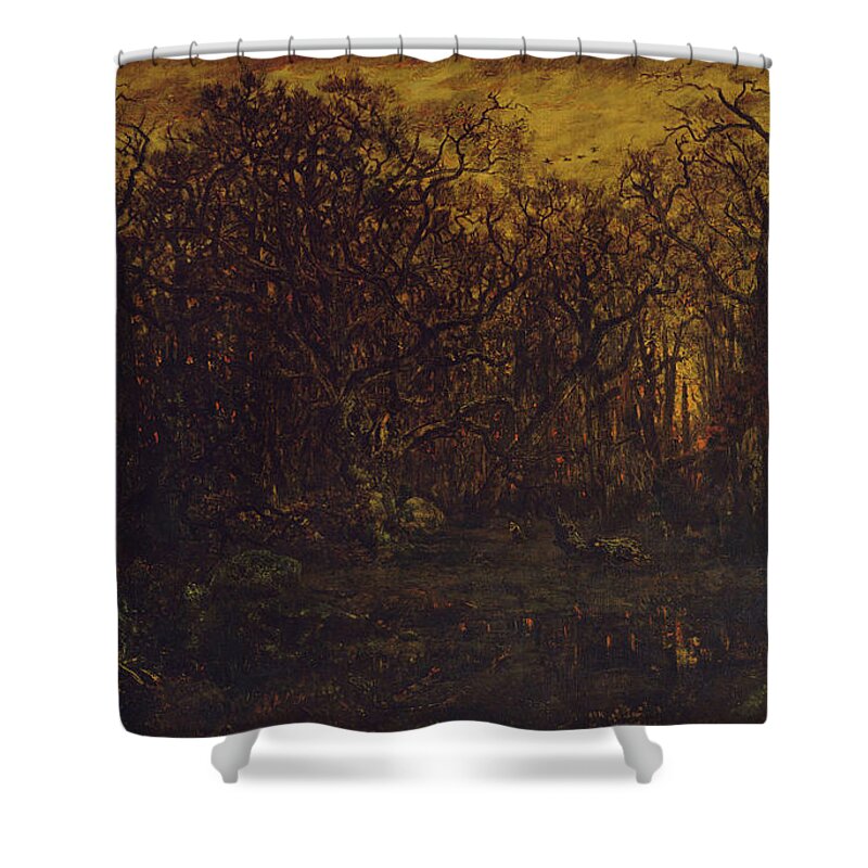 The Forest In Winter At Sunset Shower Curtain featuring the painting The Forest in Winter at Sunset by Rousseau