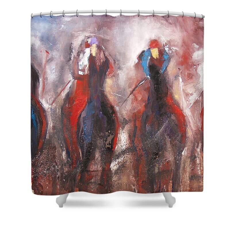 Horse Racing Shower Curtain featuring the painting The Four Horsemen by John Gholson