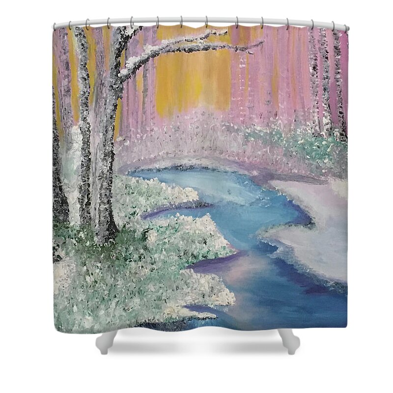 Winter Shower Curtain featuring the painting The Four Seasons of the 3 Birch Trees - Winter by Susan Grunin