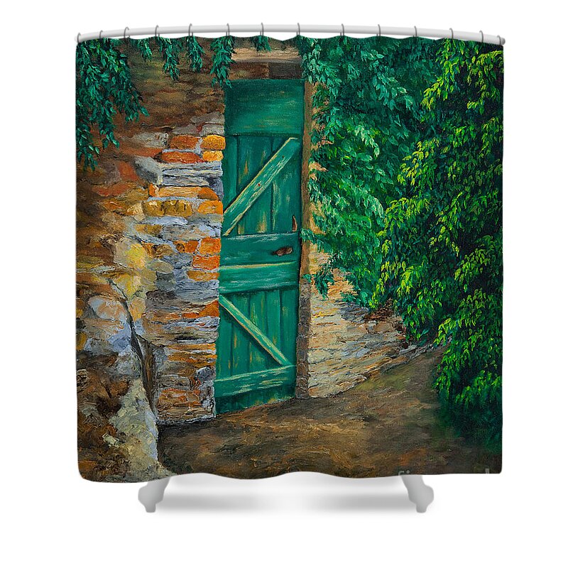 Cinque Terre Italy Art Shower Curtain featuring the painting The Garden Gate In Cinque Terre by Charlotte Blanchard
