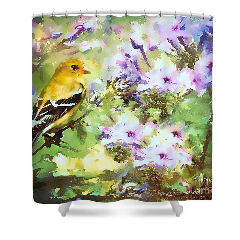 Goldfinch Shower Curtain featuring the painting The Garden Phlox Princess by Tina LeCour