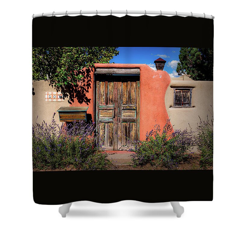 Adobe Shower Curtain featuring the photograph The Gate and The Lavender by Paul LeSage
