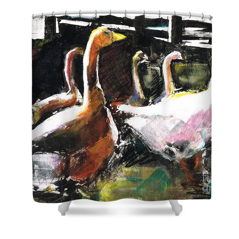 Foul Shower Curtain featuring the painting The Geese by Frances Marino