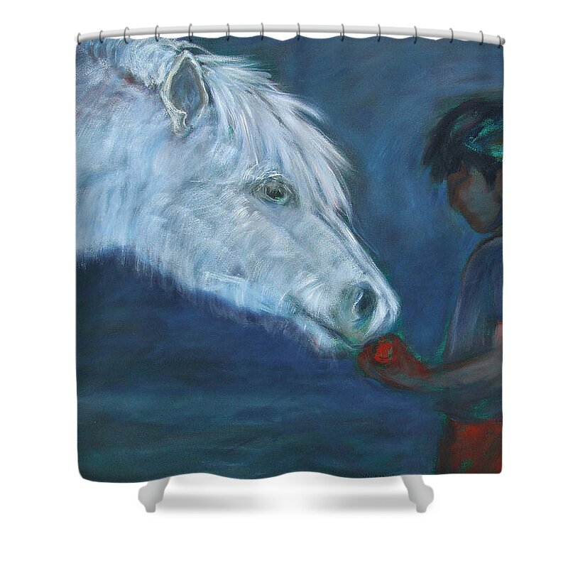 Katt Yanda Original Art Horse Oil Painting Canvas Boy Giving Apple To White Pony Gift Eat Share Shower Curtain featuring the painting The Gift by Katt Yanda