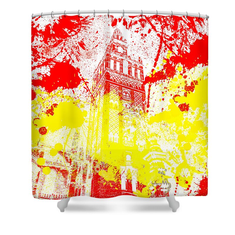 Cathedral Shower Curtain featuring the digital art The Giralda - Spanish Flag by AM FineArtPrints