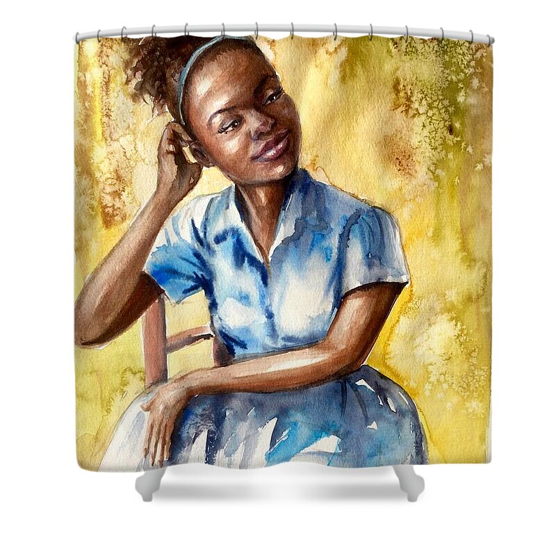 A Girl Shower Curtain featuring the painting The girl with the blue dress by Katerina Kovatcheva