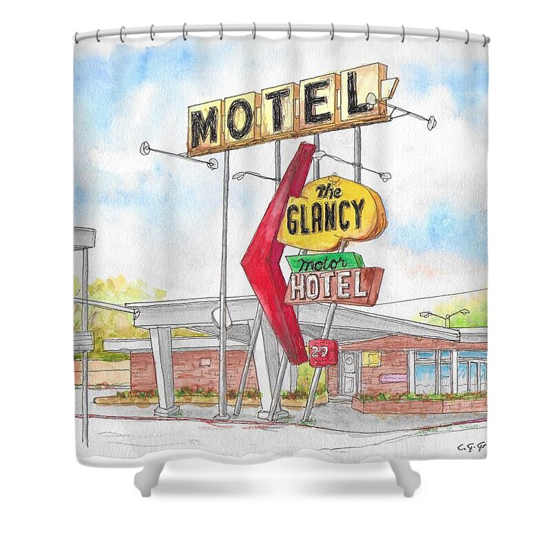 The Glancy Motor Hotel Shower Curtain featuring the painting The Glancy Motor Hotel, Cinton, Oklahoma by Carlos G Groppa