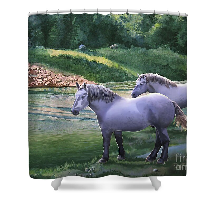 Horses Shower Curtain featuring the painting The gleams of the river by Christian Simonian