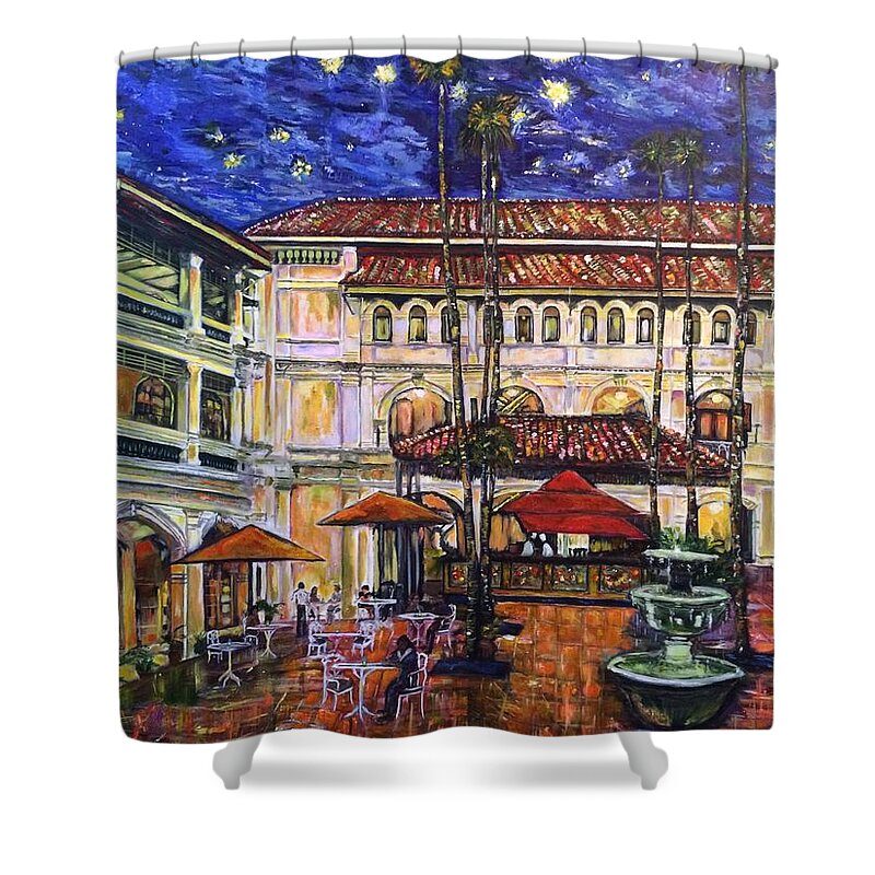 Raffles Hotel Shower Curtain featuring the painting The Grand Dame's Courtyard Cafe by Belinda Low