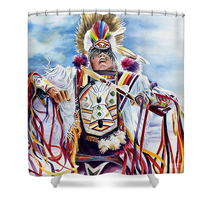 Native American Shower Curtain featuring the painting The Grass Dancer by Debbie Hart