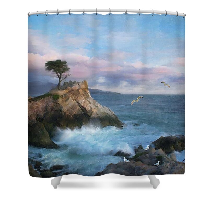 The Lone Cypress Shower Curtain featuring the mixed media The Gritty Lone Cypress Tree by Colleen Taylor