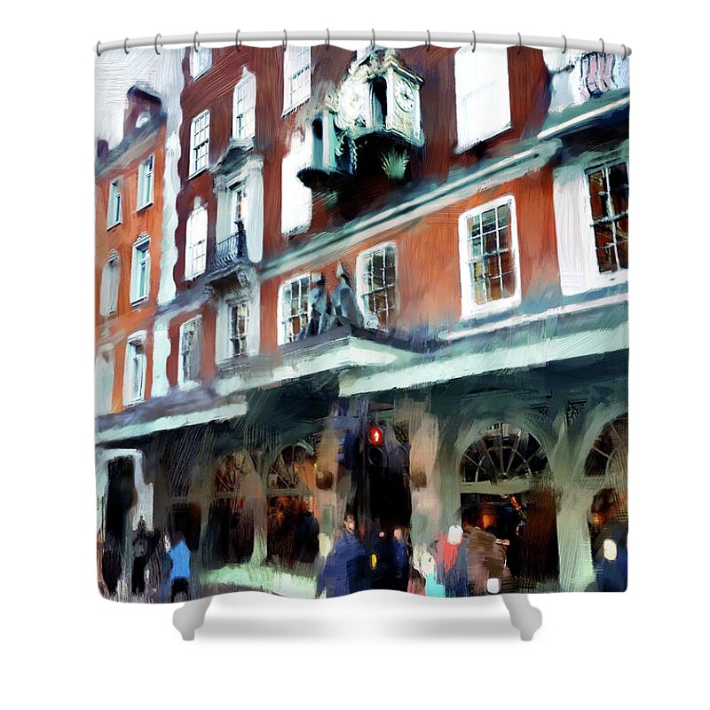 London Shower Curtain featuring the digital art The Grocer - Fortnum and Mason by Nicky Jameson