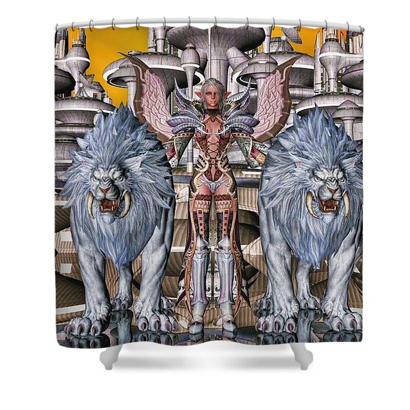 Sci-fi # Terra Online # Fantasy Art #sci-fi And Fantasy Art # Sci-fi Art # Shower Curtain featuring the digital art The Guardians of the City by Louis Ferreira