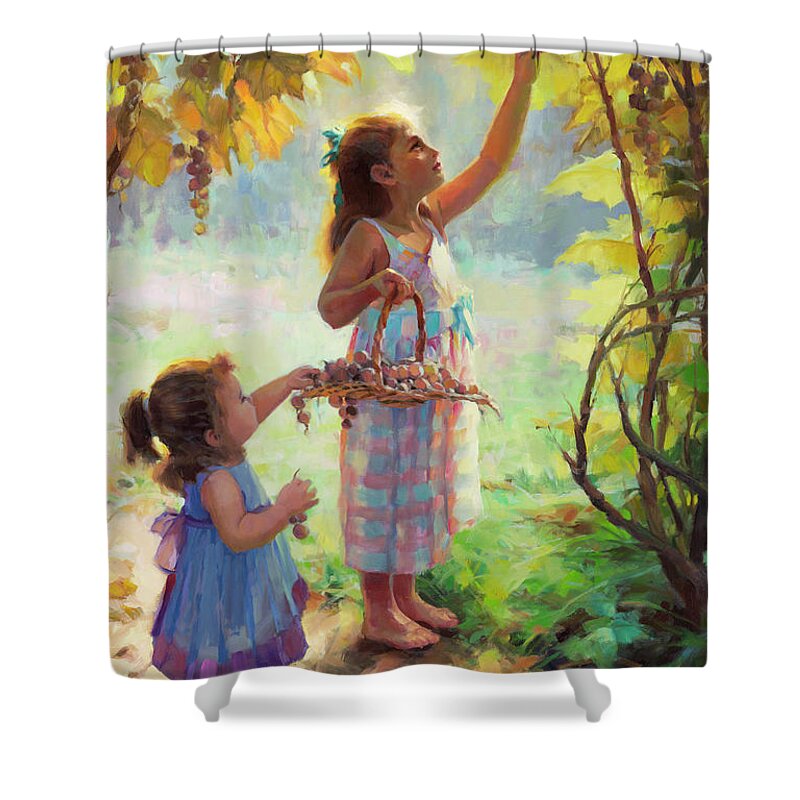 Vineyard Shower Curtain featuring the painting The Harvesters by Steve Henderson