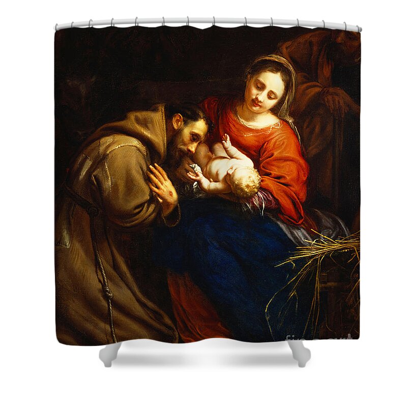 Holy Shower Curtain featuring the painting The Holy Family with Saint Francis by Jacob van Oost