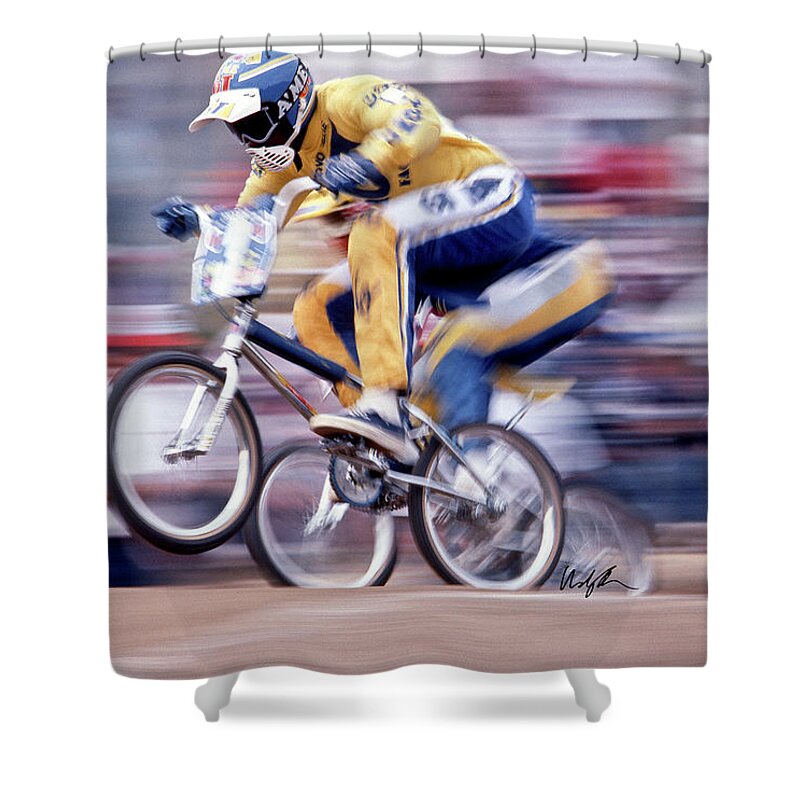 Tommy Brackens Shower Curtain featuring the photograph The Human Dragster, Tommy Brackens 1985 by Windy Osborn