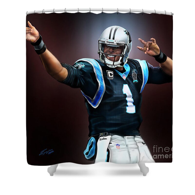 American Football Player Shower Curtain featuring the painting The Inevitable Cam Newton1 by Reggie Duffie