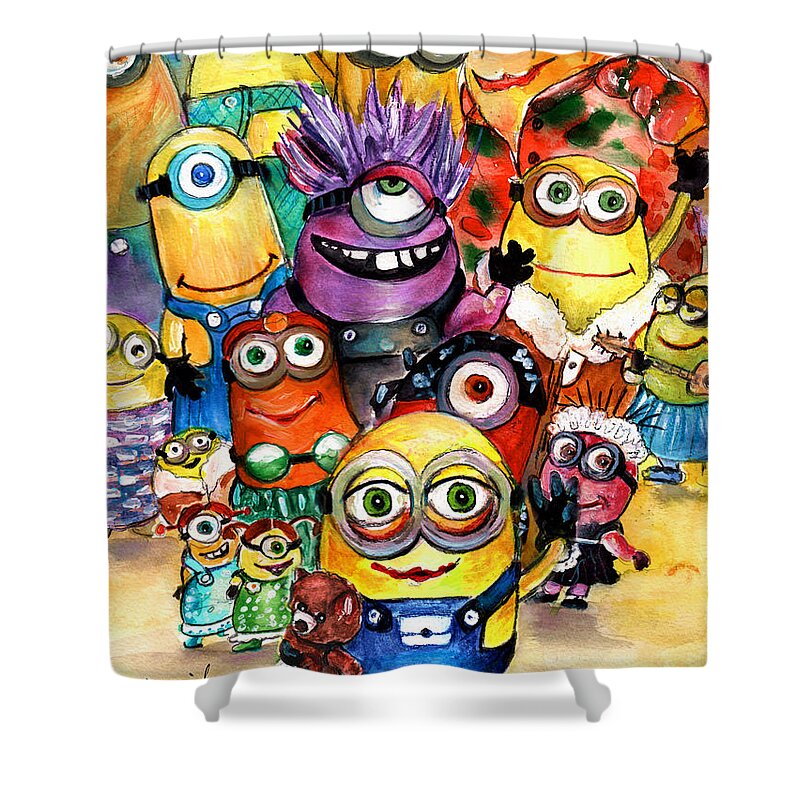 Animals Shower Curtain featuring the painting The Invasion Of The Minions by Miki De Goodaboom