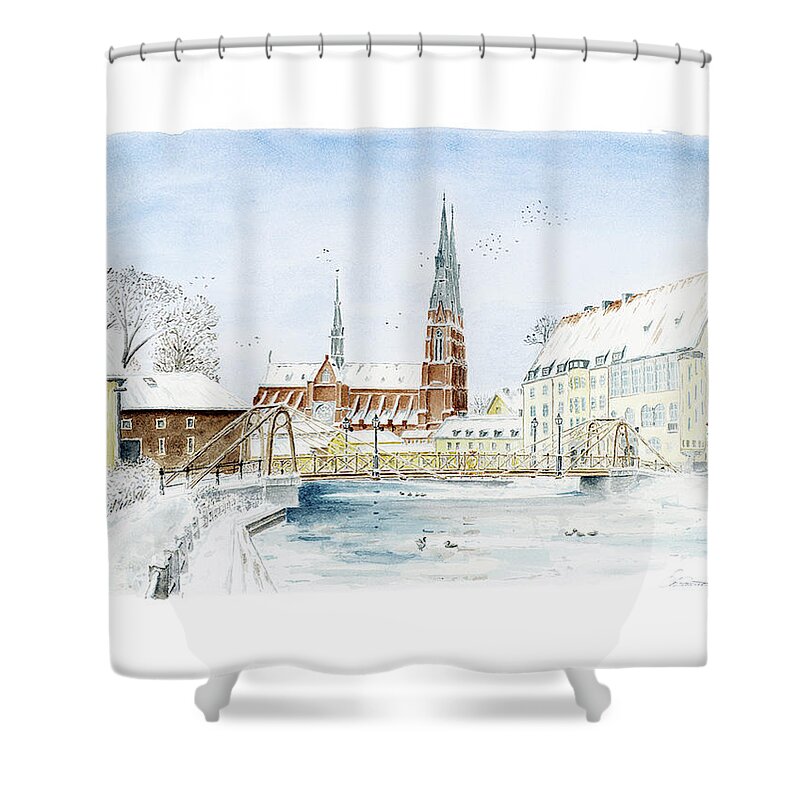 Fyris_river Shower Curtain featuring the painting The Iron Bridge by Torbjorn Swenelius
