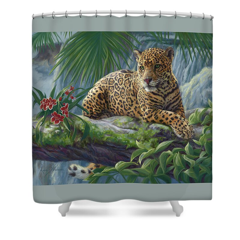 Jaguar Shower Curtain featuring the painting The Jaguar by Lucie Bilodeau
