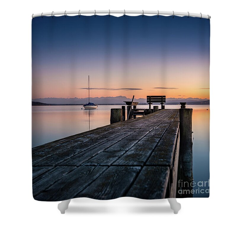 Ammersee Shower Curtain featuring the photograph The jetty to sunset by Hannes Cmarits