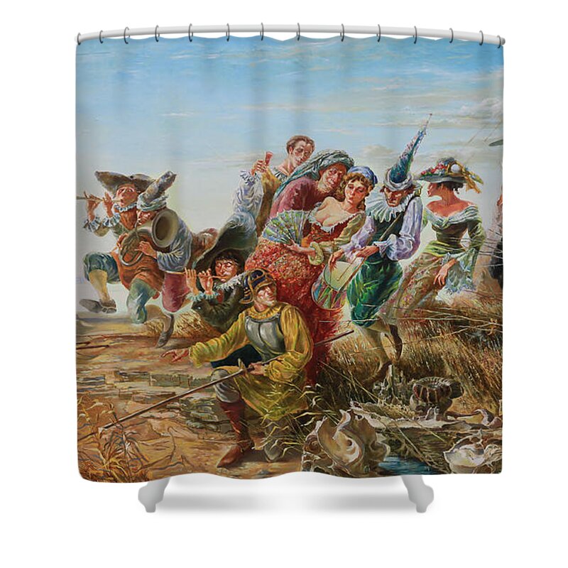 Russian Artists New Wave Shower Curtain featuring the painting The Journey. From Triptych Procession by Maya Gusarina