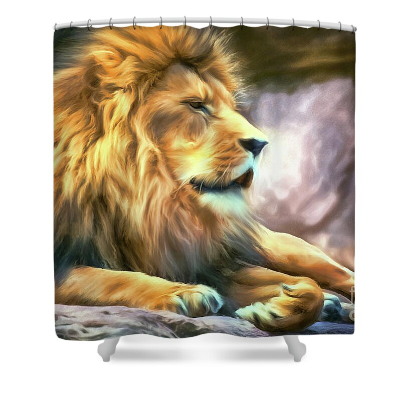 Lion Shower Curtain featuring the painting The King Of Cool by Tina LeCour