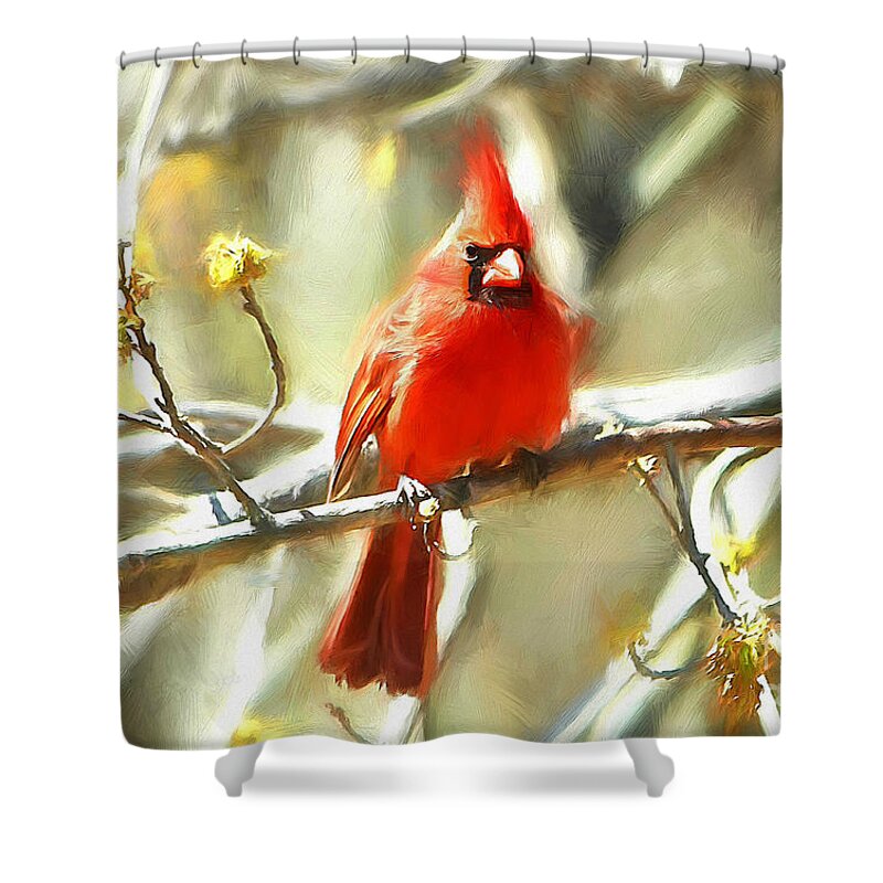 Northern Cardinal Shower Curtain featuring the digital art The King On His Throne by Tina LeCour
