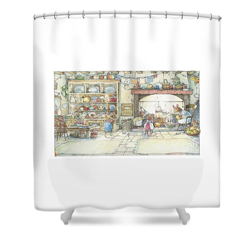 Brambly Hedge Shower Curtain featuring the drawing The Kitchen At Crabapple Cottage by Brambly Hedge
